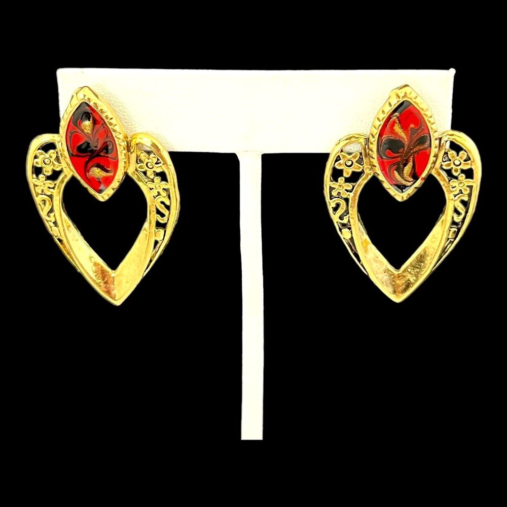 Vintage 1980s Gold Tone Pierced Heart Earrings Hand Applied Shimmer Enamel - 3G